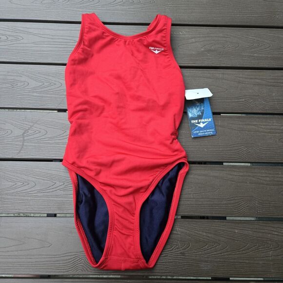 TYR The Finals Youth Girls 1pc Swimsuit Solid Red W/navy Lining Sz 26 New - Picture 1 of 3